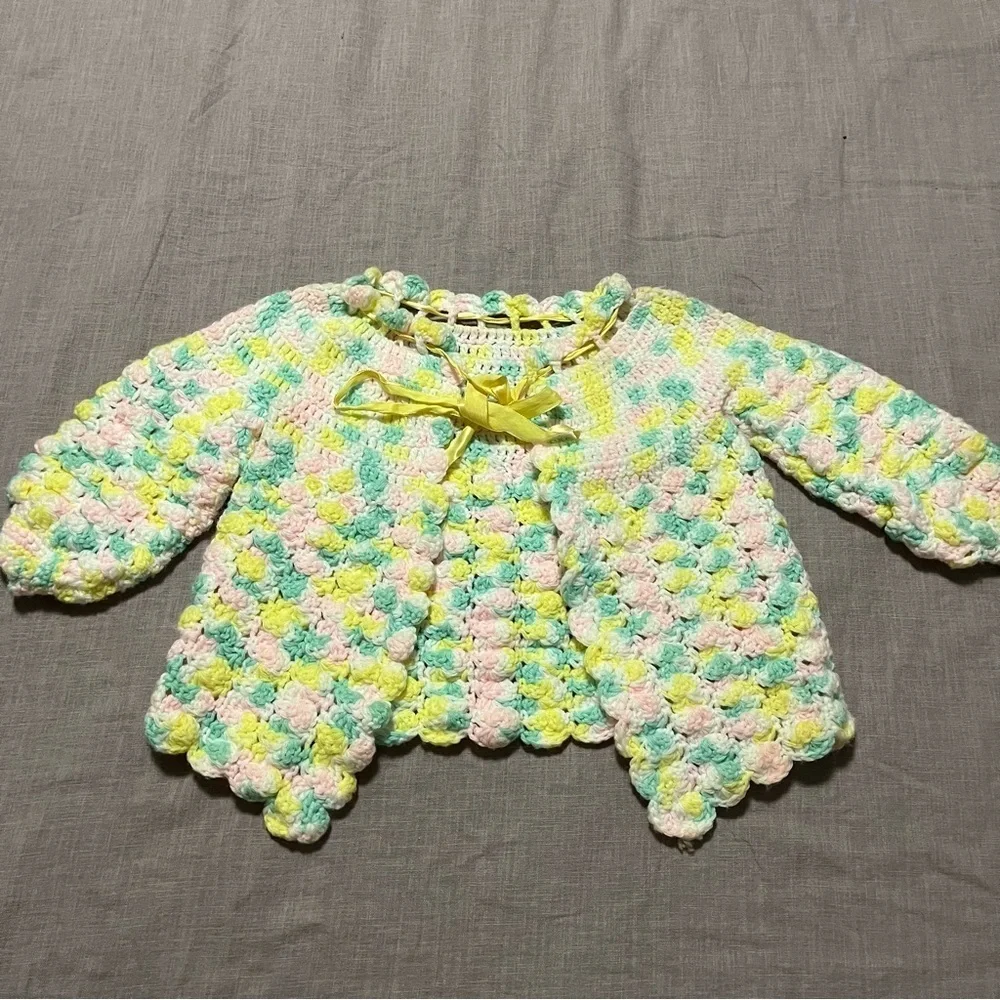 Vintage Handmade Colorful Crochet Knit Kids Jacket Fits Sizes 2+ Adjustable Bow